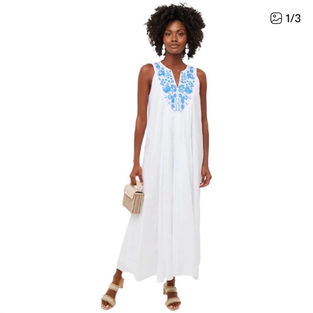 Tuckernuck White Maxi Dress with Blue Embroidered Yoke